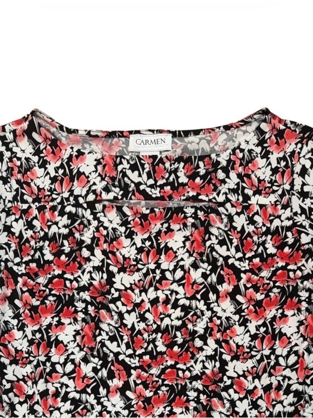 Carmen Marc Valvo Floral Stretch Top Medium 3/4 Sleeve Keyhole Neck - Picture 2 of 5